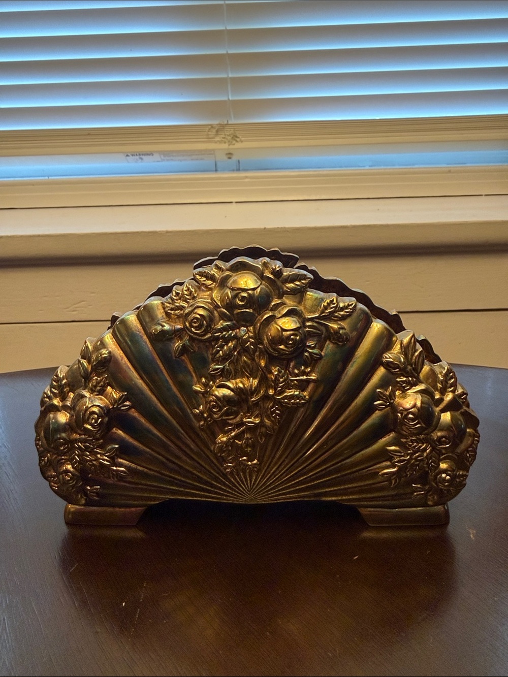 Ornate Gold Fan Napkin Holder with Rose Relief